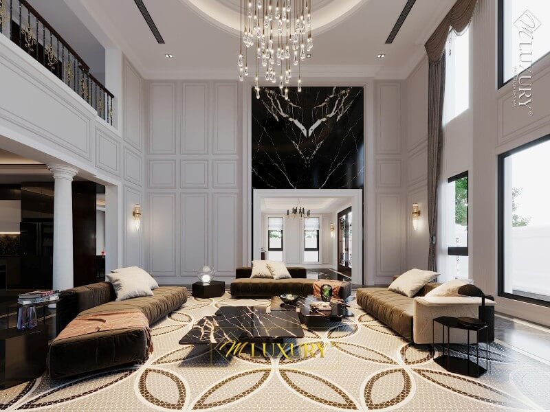 Sofa phòng khách biệt thự cao cấp được bố trí theo hình chữ U ấn tượng. Với lối thiết kế hiện đại, kết hợp tone màu trung tính mang lại cảm giác sang trọng và đầy tinh tế
